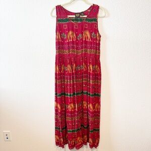 Bila Red Elephant Nature Animal Print Sleeveless Maxi Sun Dress Size Small